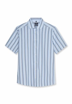 Chemise bleu clair à manches courtes avec boutons, rayures verticales blanches et bleu marine, col classique et boutons blancs à l'avant.