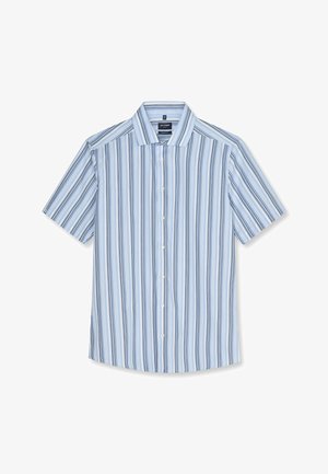 Chemise bleu clair à manches courtes avec boutons, rayures verticales blanches et bleu marine, col classique et boutons blancs à l'avant.