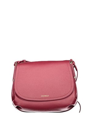 Red leather crossbody bag with flap closure and adjustable strap, embossed brand name "Coccinelle" on front center.