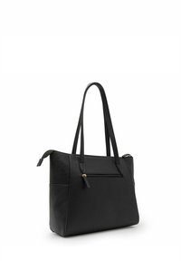 Borsa a tracolla nera con pannello testurizzato, doppio manico e tasca frontale con zip. Realizzata in materiale sintetico con una finitura liscia e opaca.