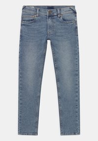 Ljusblå denimjeans med rak passform, fem fickor, lätt blekning och detaljer i mässing vid midjan och fickorna.