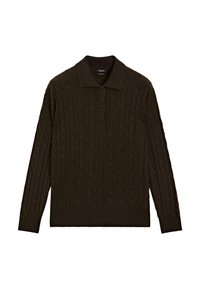 Brown cable-knit sweater with long sleeves, collared neckline, and three-button closure. Soft texture with raised pattern detailing.