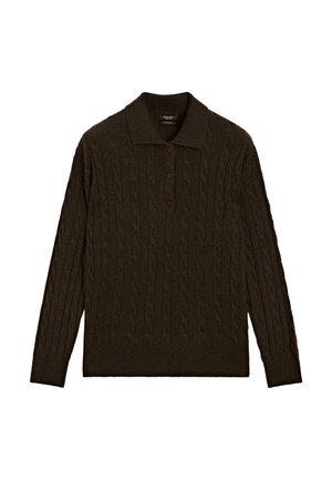 Bruin kabelgebreid sweatshirt met lange mouwen, kraag en sluiting met drie knopen. Zachte textuur met verhoogde patroon details.