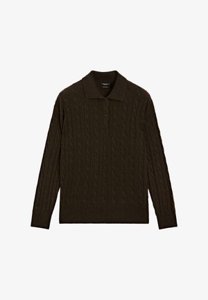 Brun kabelstrikket sweater med lange ærmer, krave og lukning med tre knapper. Blød tekstur med løftet mønsterdetaljer.