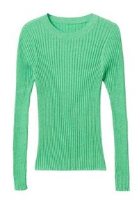 Grünes geripptes Langarmstrickoberteil mit Rundhalsausschnitt. Verfügt über ein strukturiertes Material und eine figurbetonte Silhouette.