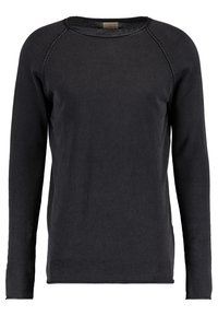 Maglione nero a maniche lunghe con texture a coste, scollatura rotonda e maniche raglan. Design minimalista, senza motivi o accenti visibili.