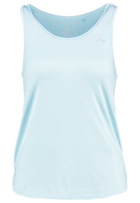 Jasnoniebieska bezrękawnik sportowy z dekoltem w serek, z delikatnym wzorem pasków i luźnym krojem, zapewniającym komfort podczas aktywności sportowych.