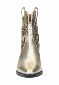 Bottine en cuir doré avec un bout pointu, des coutures décoratives et des languettes latérales pour un enfilage facile. Présente une finition lisse et réfléchissante.