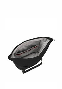 Schwarze Umhängetasche mit Reißverschluss, strukturiertem Außenmaterial und grauem Innenleben, ausgestattet mit Organisationsfächern in Rotakzenten.