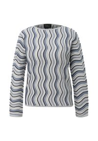 Langärmliger Pullover mit einem wellenförmigen Muster in Grau- und Blautönen, mit Rundhalsausschnitt und strukturierter Oberflächengestaltung.