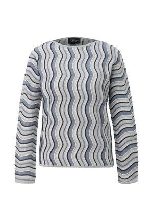 Maglione a maniche lunghe con motivo ondulato in tonalità di grigio e blu, con scollo rotondo e design della superficie testurizzata.
