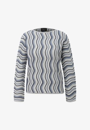 Sweter z długim rękawem z falistym wzorem w odcieniach szarości i niebieskiego, z okrągłym dekoltem i teksturowanym wzorem na powierzchni.