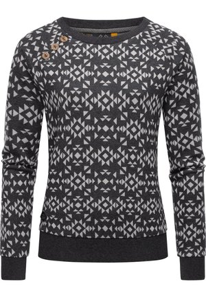 Gray patterned sweater featuring geometric designs in white, ribbed cuffs, crew neck, and button accents near the shoulder.