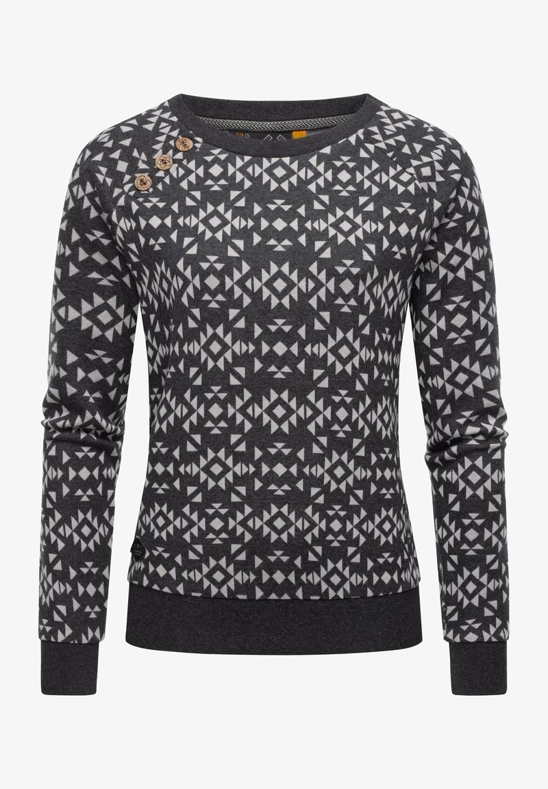 Pulover gri cu model, având designuri geometrice în alb, cu mansete cusute, guler rotund și accente cu nasturi aproape de umăr.