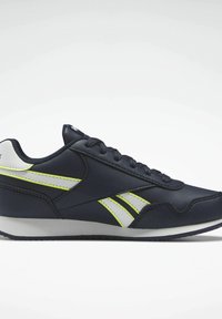 Marinblå sportskor i syntetmaterial med vita och neongröna detaljer, låg profil och texturerad gummisula.