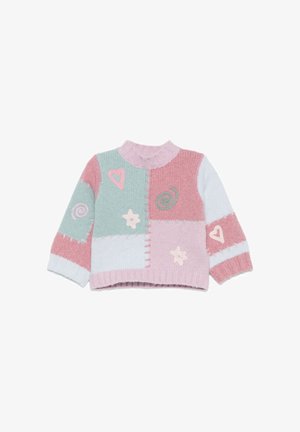 Maglione lavorato a maglia in colori pastello: rosa, verde menta e azzurro chiaro. Presenta applicazioni floreali e a forma di cuore, con polsini e scollatura a coste.