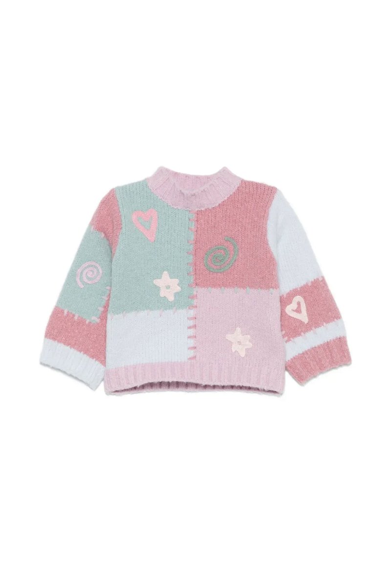 Pull en tricot dans des couleurs pastel : rose, vert menthe et bleu clair. Présente des appliqués floraux et en forme de cœur, avec des poignets et un col côtelés.