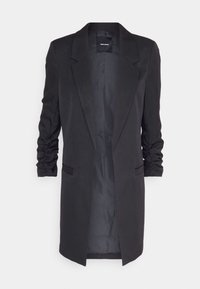 Černý dlouhý blazer s strukturovaným designem, nabíranými rukávy a dvěma předními kapsami. Vyrobeno z hladkého materiálu s moderním střihem.