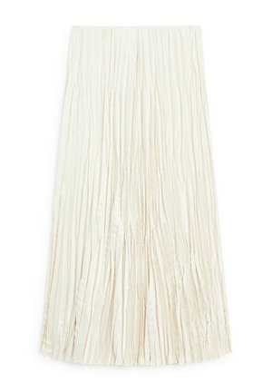 Plissé sukně v odstínu smetany, vyrobená z hladkého materiálu. Má vertikální sklady a rovný střih, dosahující do poloviny lýtek. Minimalistický design.