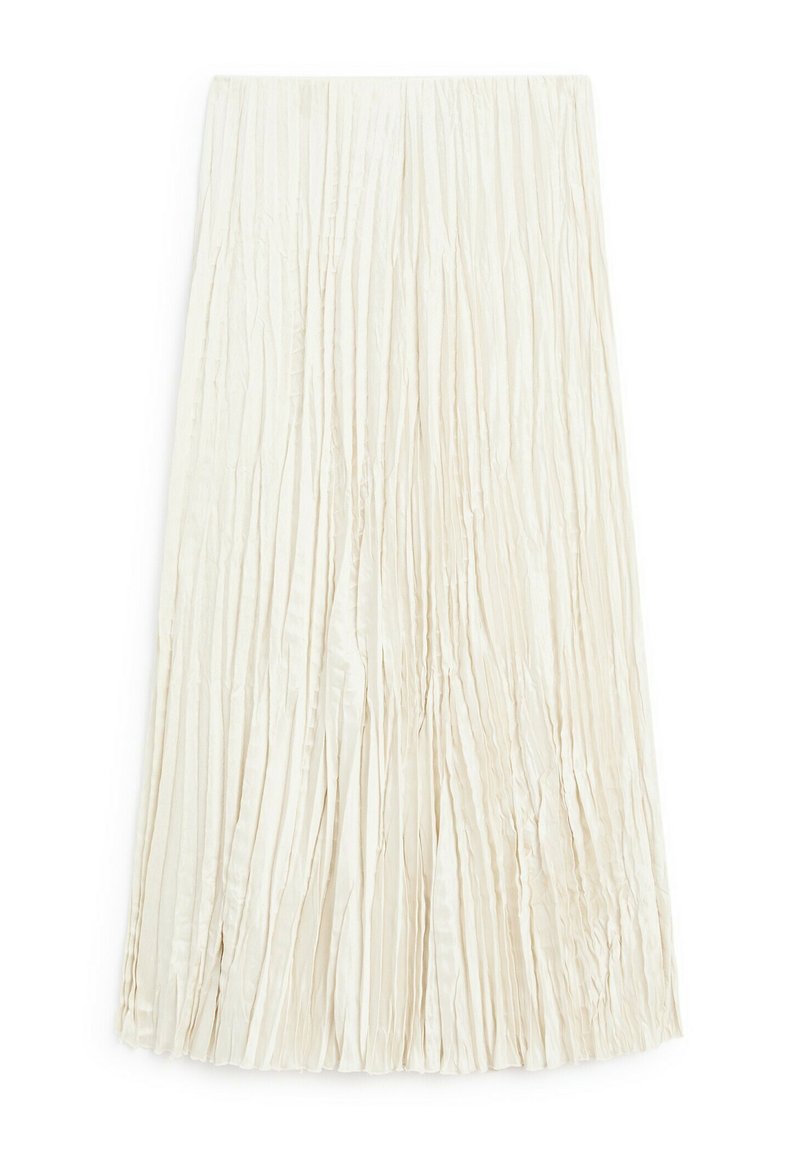Plissé sukně v odstínu smetany, vyrobená z hladkého materiálu. Má vertikální sklady a rovný střih, dosahující do poloviny lýtek. Minimalistický design.