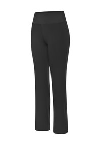 Black activewear pants with a wide waistband, made from stretchy material, flared design, and smooth texture. No visible patterns or accents.
