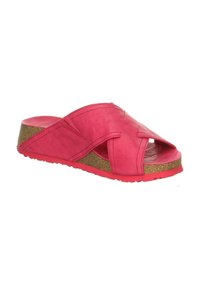 Pink leather slide sandal with cross-straps, open toe, and cork footbed. Features textured surface and a rubber outsole for grip.