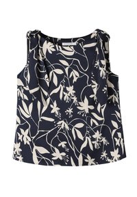 Top de tip tank navy cu un model floral alb, cu frunze și flori. Are bretele legate și o croială lejeră. Confecționat dintr-un material ușor.