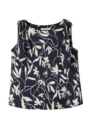Merineid fliisilised tank-top valgete lehtede ja lillede mustriga. Omab seotud rihmasid ja lõdvestatud istuvust. Valmistatud kergest kangast.