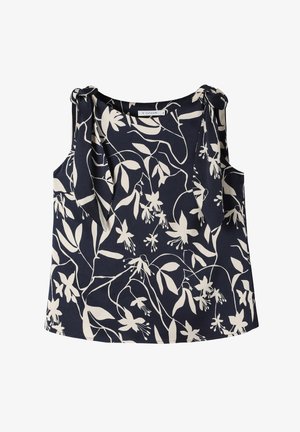 Námořnická květinová tílko s bílým vzorem listů a květin. Má pásky na uvázání a volný střih. Vyrobeno z lehkého materiálu.