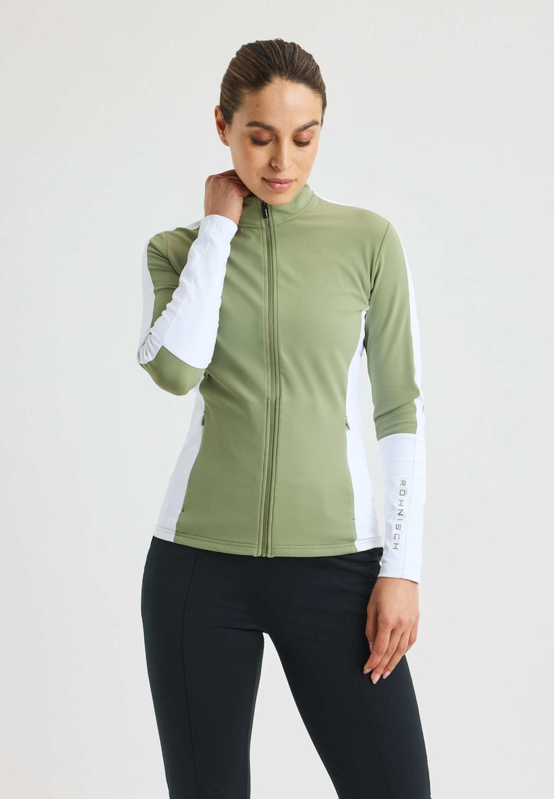 Langärmlige sportliche Zip-Jacke in Olivgrün und Weiß, aus dehnbarem Stoff mit seitlichen Taschen und Logo-Print auf dem Ärmel.