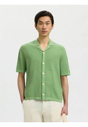 Homme portant une chemise tricotée à manches courtes vert clair boutonnée et un pantalon crème, debout avec une main dans la poche sur un fond uni.