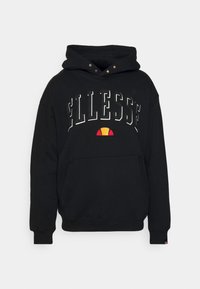 Zwarte hoodie met een voorzak in kangaroo-stijl. Heeft een groot geborduurd "Ellesse"-logo en een meerkleurige accent eronder. Zacht materiaal, losse pasvorm.