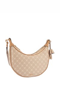 Borsa beige dal design curvo, con motivo geometrico, dettagli in pelle, chiusura con zip e nappina laterale.