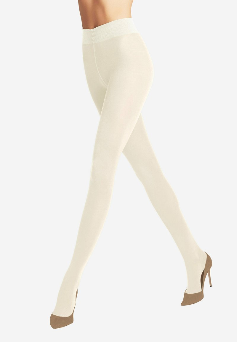Collant beige con una texture liscia e una vita alta, che mette in risalto una vestibilità aderente, indossati con scarpe col tacco alte marroni.