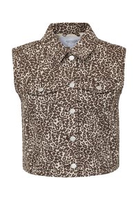 Braun-beiges Leopardenmuster-Cropped-Top mit Kragen, zwei Fronttaschen und weißen Druckknöpfen. Hergestellt aus einem denim-ähnlichen Material.