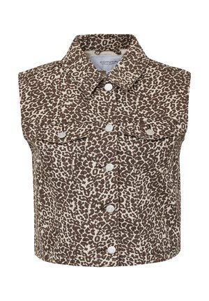 Top corto con stampa leopardata marrone e beige, dotato di colletto, due tasche frontali e bottoni a pressione bianchi. Realizzato in materiale simile al denim.