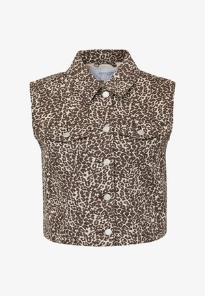 Brown and beige leopard print cropped vest with a collar, two front pockets, and white snap buttons. Made from denim-like material.