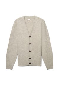 Hellgrauer Cardigan aus weichem Strickstoff mit V-Ausschnitt, gerippten Bündchen und Saum sowie fünf dunkelbraunen Knöpfen auf der Vorderseite.