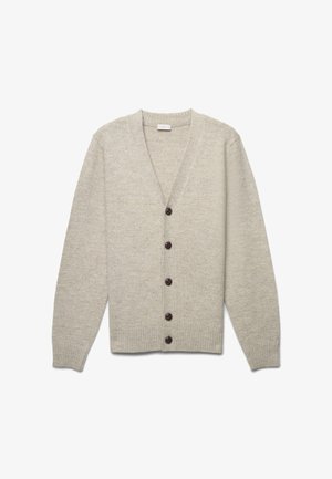 Light gray cardigan made of soft knit fabric featuring a V-neck, ribbed cuffs and hem, and five dark brown buttons down the front.