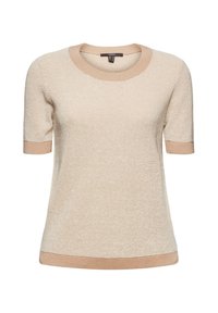 Beżowy sweter dzianinowy z krótkim rękawem, z okrągłym dekoltem i kontrastowym jasnobeżowym wykończeniem przy dekolcie, rękawach i brzegu.