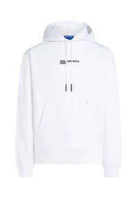 Weißer Kapuzenpullover mit schwarzem Logo-Text, Fronttasche und Kordelzug. Weicher Stoff mit gerippten Bündchen und Saum.