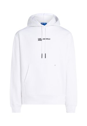 Weißer Kapuzenpullover mit schwarzem Logo-Text, Fronttasche und Kordelzug. Weicher Stoff mit gerippten Bündchen und Saum.