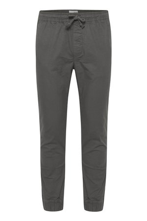 Pantaloni joggers din bumbac gri, cu talie elastică și șnur de ajustare. Prezintă glezne îngustate și o textură subtilă, fără modele vizibile.