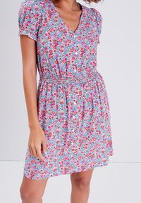 Robe fleurie avec des motifs roses, bleus et blancs, à manches courtes et décolleté en V. Taille élastique froncée pour une silhouette ajustée.