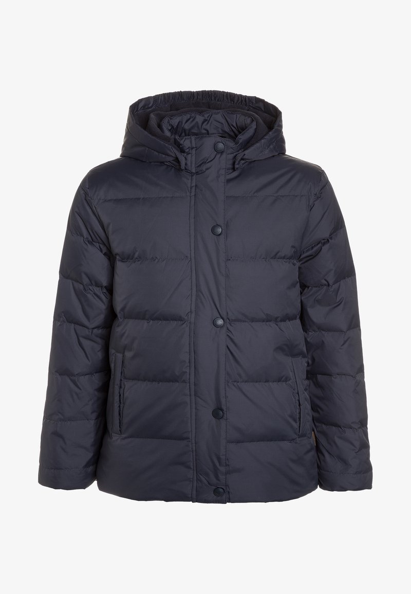 Veste d'hiver matelassée bleu marine foncé avec capuche, comprenant des boutons pression, deux poches latérales et une finition en tissu texturé.