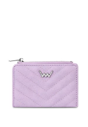 Purple leather wallet with a chevron pattern, featuring a silver zipper and metallic logo accent on the front. Compact and rectangular design.