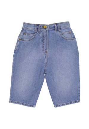 Lichtblauwe denim knielange shorts met voorzakken, riemlussen en een knoopsluiting.