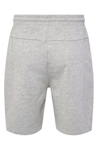 Gr å bomullsshorts med elastisk midja, med en slät yta och rak passform, inga synliga tryck eller dekorationer.