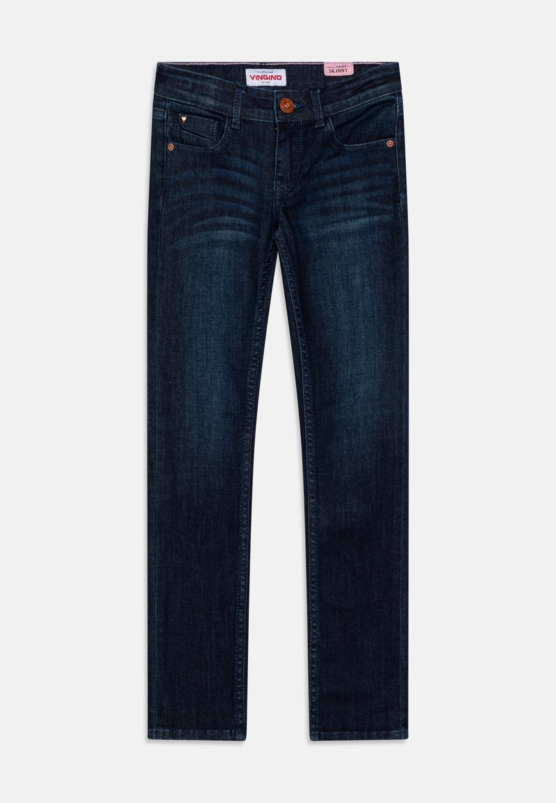 Jeans ajustados de mezclilla azul oscuro, con cierre de botón, cinco bolsillos y un leve desgaste en la parte frontal. Parte trasera lisa sin adornos.