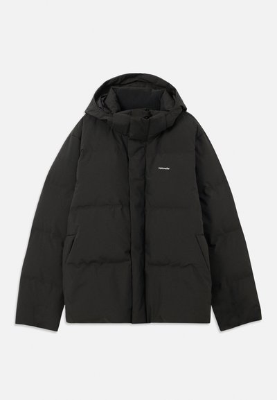 Black puffer jacket with a hood, featuring a quilted texture, zippered front, and side pockets. Small logo on the upper left side.